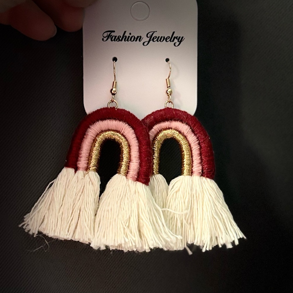 Boho Rainbow Tassel Fringe Statement Earrings- NEW - Picture 2 of 3